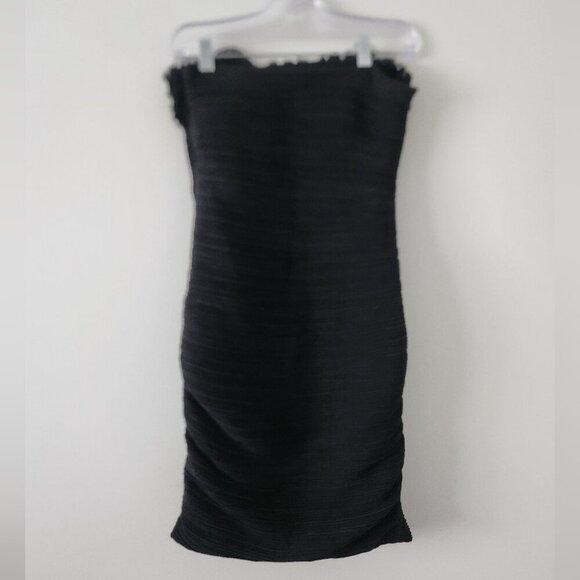ROMEO & JULIETTE | strapless ruched dress bodycon ruffles lace flower black sz S - Picture 6 of 8
